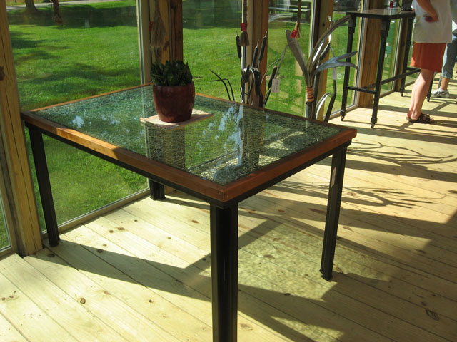 Kitchen Table Laminated Glass Top Cherry and Steel